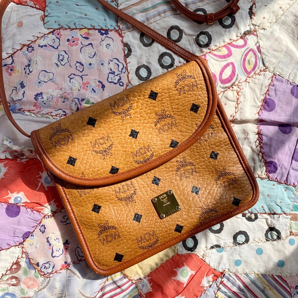 Vintage MCM Germany Cognac Leather Small Adjustable Crossbody Purse Logo Design